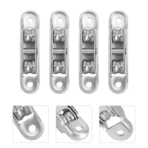 Heavy Duty Nylon Window Sash Pulley Wheels With Double Bearings For A Slick Sliding Door Hardware Setup showing four silver rollers.