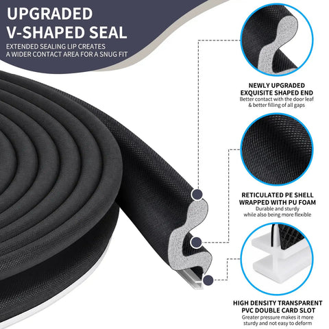 40 Ft Heavy Duty Kerf Weatherstrip Door Seal With Memory Foam Soundproof Insulation showing upgraded V-shaped seal and flexible design.