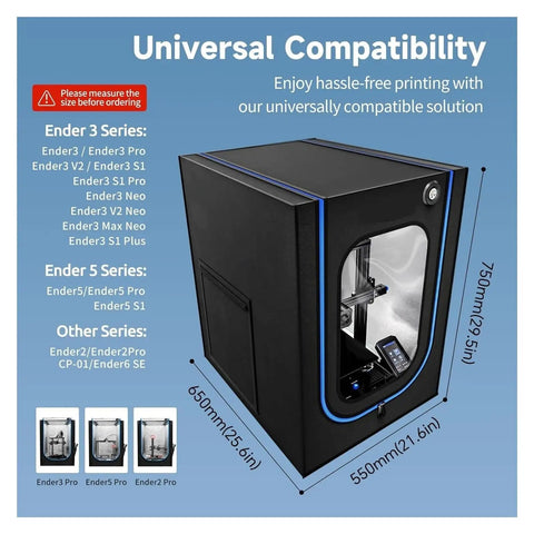High Temp 3D Printer Enclosure With Vent Kit And LED Light for Creality Ender Series, dimensions and compatibility details.