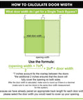 Diagram explaining door width calculation for a Black Rustic Single Track Bypass Sliding Barn Door Hardware Kit.