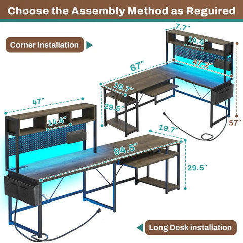 Diagram showing the L Shaped Desk With Power Outlet And LED Lights, 94.5 Inch Home Office Desk in corner and long desk installations.