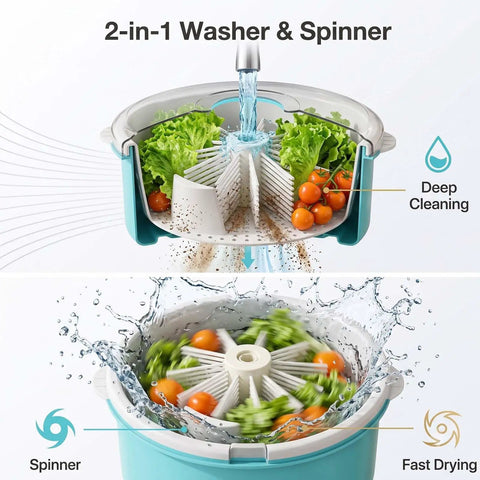 Electric Salad Spinner And Produce Washer To Wash And Spin Dry Leafy Greens Berries Or Fresh Veggies Fast With A Steady Non Slip Base That Makes Kitchen Cooking And Cleanup Totally Hassle Free In Blue with water and greens.