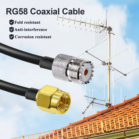 SMA To UHF Coax Extension Cable 20 Inch RG58 50 Ohm Plug And Play Pigtail For CB Ham Radio And WiFi Antennas in front of antenna