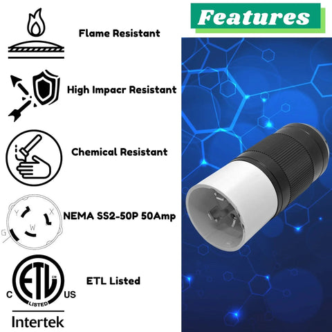 Badass 50 Amp Generator Plug Nema SS2-50P Four Pin Straight Blade Twist Locking Connector with flame, impact, and chemical resistance.