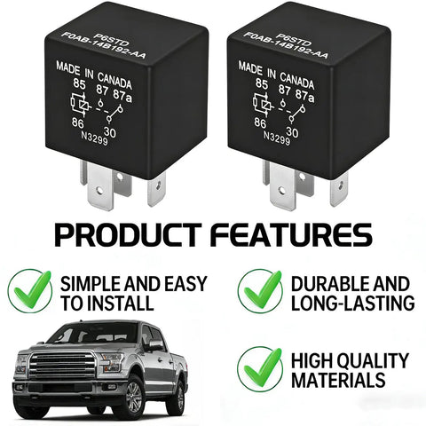 Heavy Duty 5 Pin Automotive Relay 12V 40A Plug In And Go Fuel Pump Starter Switch For Ford F150 Explorer Expedition Transit Runs Smooth Takes A Beating Every Day 2 Pack, showing two black relays with terminal pins.