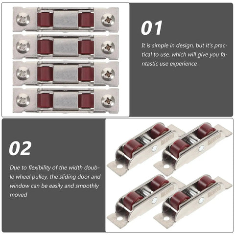 Four Piece Double Flat Wheel Sliding Window Rollers And Wardrobe Slider Pulleys Crafted From Premium Stainless Steel showing dual wheels and mounting features.