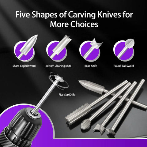 Wood Carving Bits Set For Rotary Tools With 1/8 Inch Shank Five Piece Assortment Of Triple Edge Detail Bead Round Nose V Groove