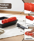 7 Inch Soft Rubber Embossing Paint Roller For Seamless Wall Texturing With Comfort Grip resting in paint tray on floor.