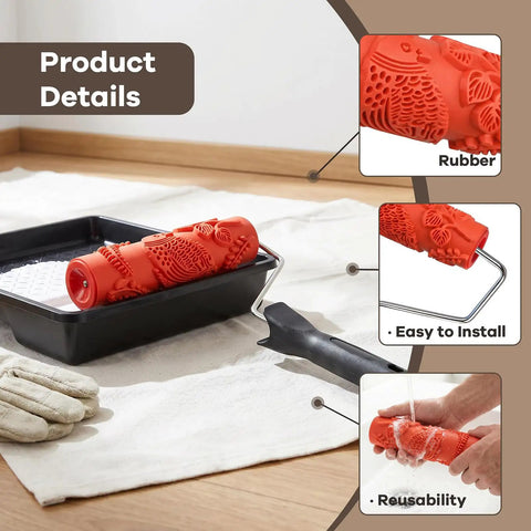 7 Inch Soft Rubber Embossing Paint Roller For Seamless Wall Texturing With Comfort Grip resting in paint tray on floor.