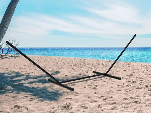 12 Foot Hammock Stand For Two Built Tough, Heavy Duty Steel Frame Supports Up To 450 Lbs on beach with rust resistant black finish