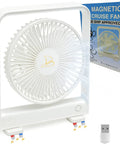 Ultra Thin Magnetic Cruise Fan That Locks Onto Walls Or Ceilings Solid Grip Portable Rechargeable Cooling Buddy close-up with box and USB cable.