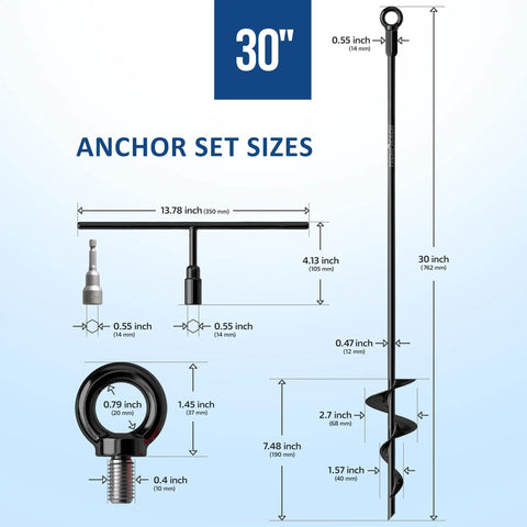 Heavy Duty 30 Inch Ground Anchors Kit Of 4 Screw In Earth Anchors with size dimensions for swing sets and canopies.
