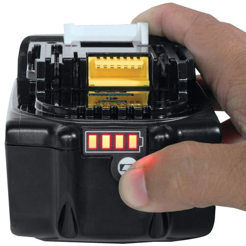 Hand holding 18V LXT Lithium-Ion 4.0Ah battery showing charge level indicator for power tools