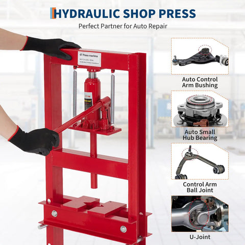 Heavy Duty 6 Ton Hydraulic H Frame Shop Press Built Tough For The Auto Shop Crew Adjustable Bed For Metal Fabrication And Automotive Repair Sturdy Carbon Steel Frame For Fast Bearing Push Outs in use with hydraulic lever.