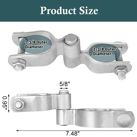 Heavy Duty Gate Hardware Kit For 1-3/8 And 2-3/8 Inch Pipe, includes sturdy hinges, shown with product dimensions