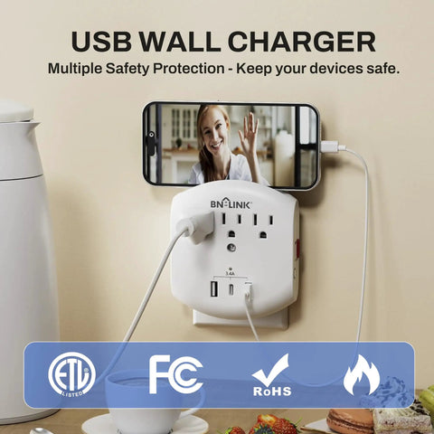 Image of a Six In One Outlet Extender With Three USB Ports And Three Grounded Outlets, Dusk To Dawn Night Light, Surge Protector with phone holder in use.