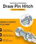 Product image of Cat 1 Draw Pin Hitch Pin Set for Tractors, featuring zinc-plated carbon steel with universal design for three-point linkages