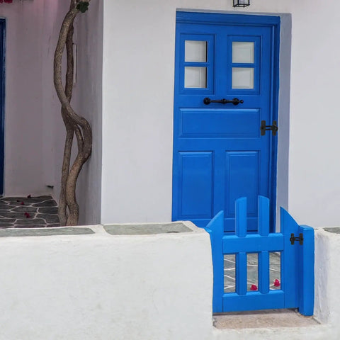 Blue gate and door secured with a barn door lock with stainless steel 90 degree right angle latch for doors and windows heavy duty privacy lock keeps your pad safe and private rust resistant durable construction easy install.