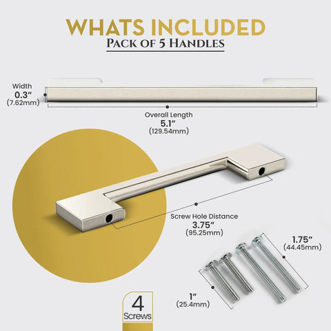 Diagram of Brushed Nickel Cabinet Pulls 96mm Satin Silver Drawer Handles for Kitchen Cabinets, showing dimensions and included screws.