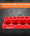 Red tray section of Magnetic Socket Organizer Set 3 Piece for 1/4 3/8 1/2 Inch Drives, SAE and Metric, Holds 68 Sockets, showing size labels
