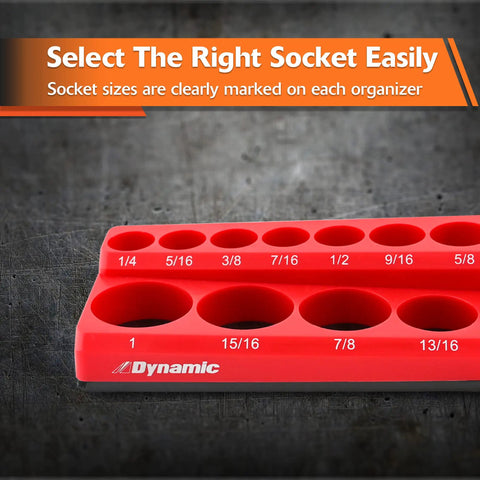Red tray section of Magnetic Socket Organizer Set 3 Piece for 1/4 3/8 1/2 Inch Drives, SAE and Metric, Holds 68 Sockets, showing size labels