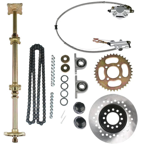 32 Inch Rear Axle Assembly Kit For Go Kart And ATV With Shaft Hub Chain Brake Master Cylinder Caliper Brake Disc Pillow Blocks Sprocket Mounting Hardware DIY Replacement components layout view