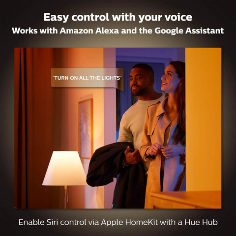 Couple using voice control for Dimmable White BR30 Smart Bulbs Starter Kit With Hub, 2 LED 60W Equivalents, no dimmer needed
