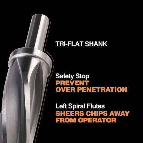 Seven Eighths Inch Bridge And Construction Reamer Drill Bit Built Tough With M2 HSS Taper Chucking For Steel Aluminum Metal Wood Plastic, Half Inch Shank, Spiral Flutes, Enlarges And Aligns Holes, 22mm showing tri-flat shank and safety stop features