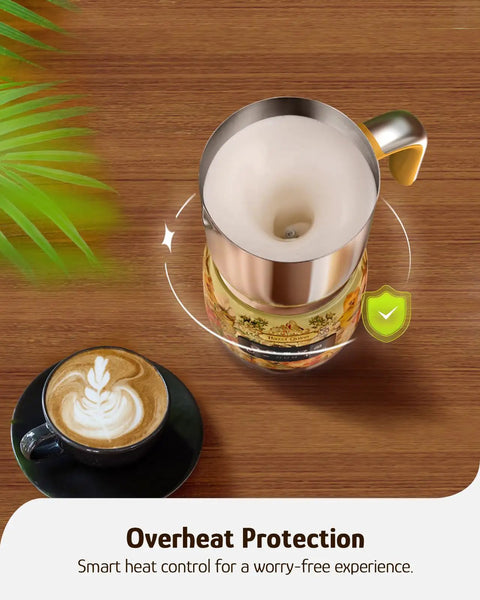 Detachable Milk Frother With Four Temperature Settings Delivers Barista Style Foam For Hot Or Cold Drinks Five In One Frothing And Heating Options Dishwasher Safe 400ml Perfect For Latte Cappuccino Hot Chocolate next to a latte cup.