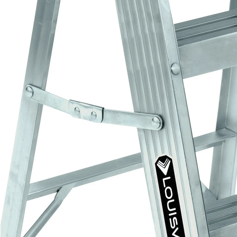 2-Foot Aluminum Step Stool For Industrial Use - Heavy-Duty 300-Pound Capacity, Rugged Gusset Bracing, Type IA AS3002, Lightweight 2-Step Ladder For Easy Low-Reach Tasks, close-up of aluminum bracing