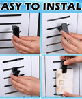 12 Pack Black Metal Slatwall Clips For 2 Inch Slatwall Accessories, Heavy Duty Garage Storage Clips being installed on slatwall