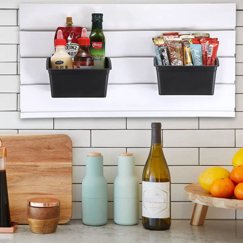 Six Pack Slatwall Storage Bins for Garage and Workshop, black plastic bins holding bottles and snacks on a white slatwall panel