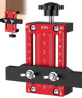 Top Shelf Adjustable Cabinet Door Positioning Jig, No Sweat Install Game Changer For Frameless Or Face Frame Cabinetry, showing red and black hinge alignment tool.