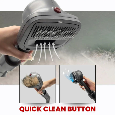 Pet Hair Grooming Brush Vacuum Attachment For Vacuum Cleaners Fits V7 V8 V10 V11 V15 Big Ball V6 DC58 DC59 And Shark NV501 HV322 HV301 Miele 1 3/8 Inch And 1.25 Inch Cat And Dog Fur Removal Tool showing quick clean function.