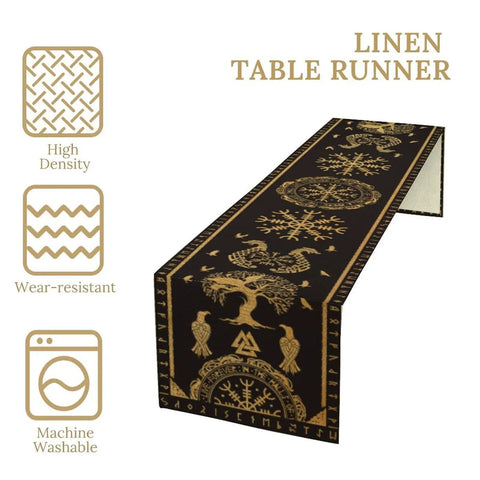 Tree Of Life Dope Abstract Table Runner 13x60 Inches with golden black Celtic geometric motifs, linen look, machine washable.