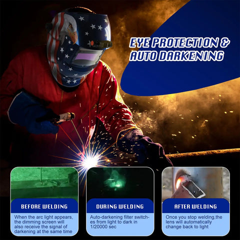 Welder using Auto Darkening Welding Helmet With LED Light True Color Solar Powered Welder Hood Adjustable Shade 4/9-13 Blue Eagle II