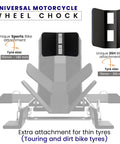 Universal Motorcycle Wheel Chock For Stand And Trailer, Fully Adjustable, Detachable And Foldable, front view with attachments