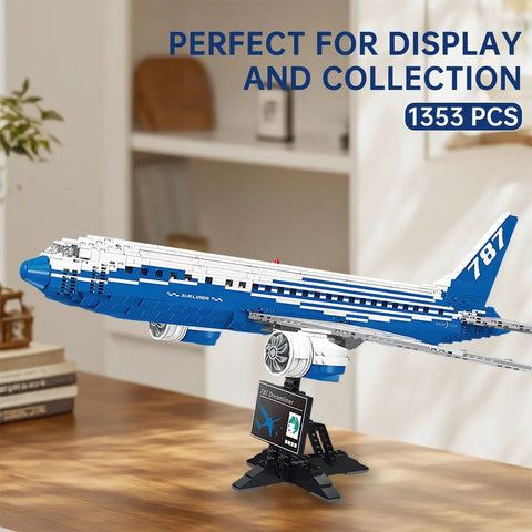 787 Dreamliner Building Block Set With 1353 Pieces Dope Big Passenger Plane Model Kit featuring engines and stand.