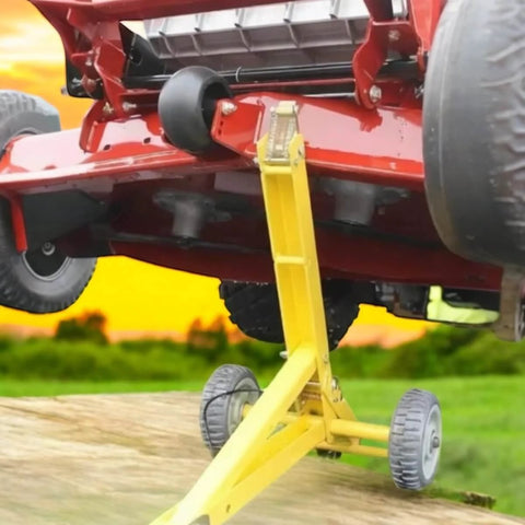 Image of Heavy Duty Mower Jack Lift for Commercial and Residential Mowers Up To 800 Pounds, lifting a red mower outdoors.