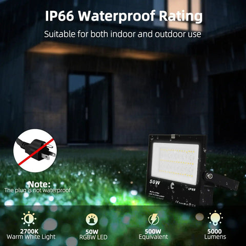 Outdoor 50W RGBW LED Flood Light With Remote Control showcasing IP66 waterproof rating, suitable for indoor and outdoor use.