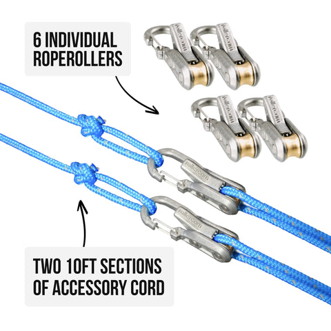 Six Roperoller rope tensioners with two 10-ft blue accessory cords for outdoor tie-downs