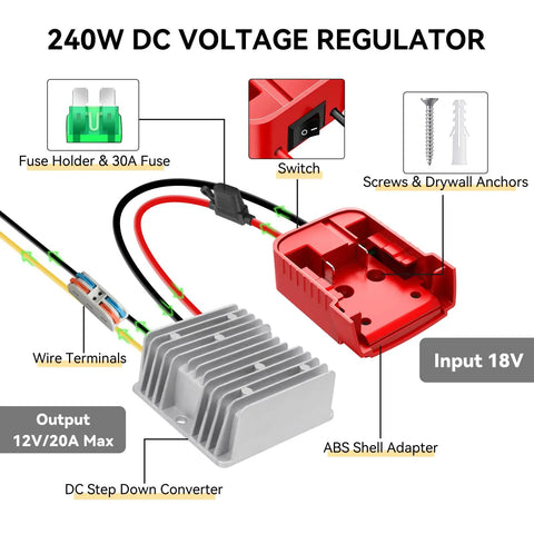 18V To 12V Buck Converter For M18 Battery, 240W DC Regulator With Switch And Overdischarge Protection, diagram and components