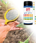Easy Read pH Test Strips For Urine, Saliva, And Water 0 To 14 Universal Plastic Strips next to magnifying glass on plants