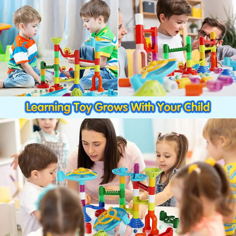 Children playing with Marble Run Toy Set With 110 Pieces And 60 Marbles STEM Educational Marble Maze Kit for creative learning.