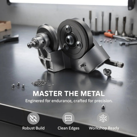 Drill Nibbler Sheet Metal Cutter With Titanium Steel Gears For Fast Cutting Action, showing robust mechanism on a workbench.