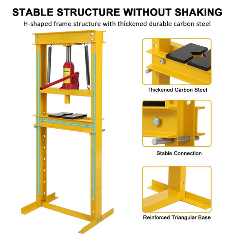 Badass Heavy Duty 12 Ton Hydraulic H Frame Shop Press With Adjustable Benchtop Table and Stamping Plates, showing stable carbon steel structure.