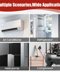 Image showing applications of the Dual Run AC Capacitor 45 Plus 5 UF 370 440V CBB65 UL Listed Round Start Capacitor For Air Conditioner Condenser Or Heat Pump Systems Easy Replacement For Compressor And Fan Motors, including air conditioner, refrigerator, heat pump, and compressor.