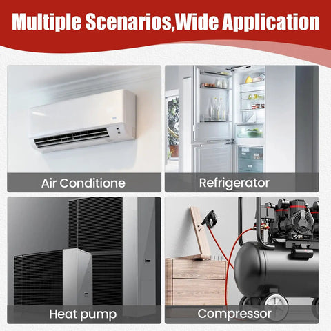 Image showing applications of the Dual Run AC Capacitor 45 Plus 5 UF 370 440V CBB65 UL Listed Round Start Capacitor For Air Conditioner Condenser Or Heat Pump Systems Easy Replacement For Compressor And Fan Motors, including air conditioner, refrigerator, heat pump, and compressor.