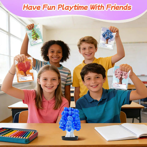 24 Pcs Growing Crystal Tree STEM Kit With Cards For Kids Fun Hands On Science Experiment Party Favors Classroom Prizes And Goodie Bags Gift Exchange For Boys And Girls. Kids in classroom holding crystal tree kits