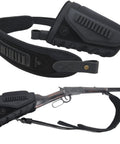 Durable Leather Rifle Stock Cover With Built In Recoil Pad And Cartridge Sling For Calibers Including .357 .30-30 .45-70 Mag .22LR .22 Mag .17 HMR And 12 Gauge Shotguns Black Set, shown in close-up view.